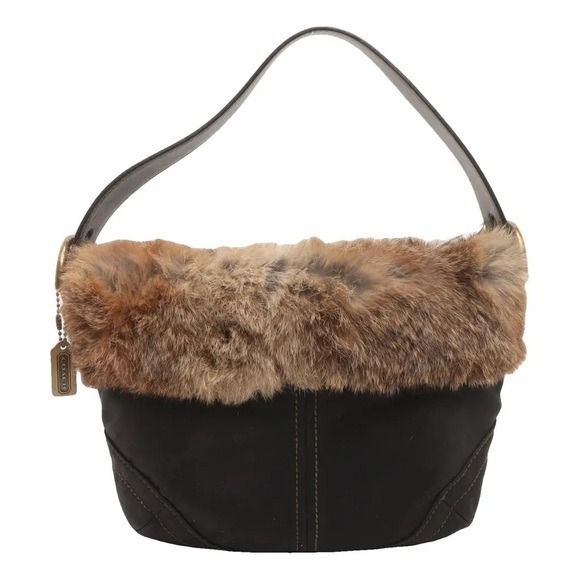 Vintage COACH Rabbit Fur Hand Bag One Shoulder Bag Nylon Black Brown y2k - Picture 1 of 12